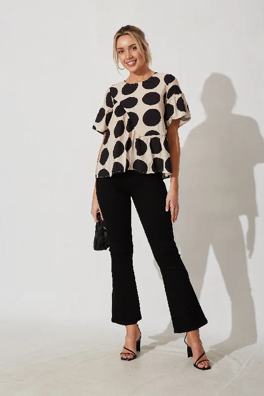 Girona Top In Beige With Black Spot Print Cotton Blend