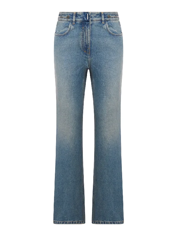 boot cut denim trousers with chains