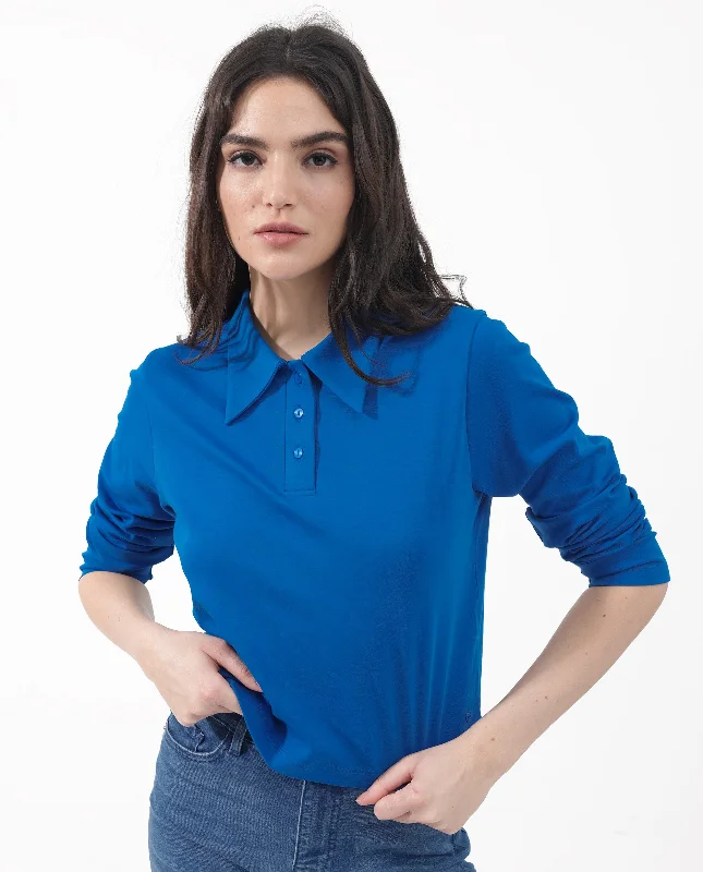 Rareism Women'S Gojo Blue Cotton Fabric Full Sleeve Collared Neck Button Closure Solid Regular Fit Top