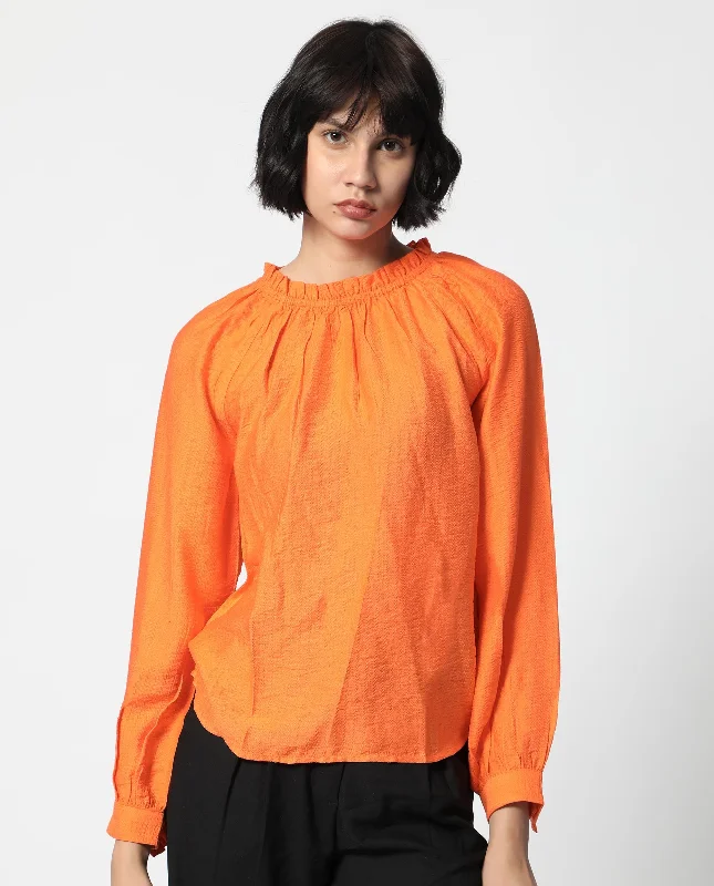 Rareism Women'S Harof Dark Orange Poly Viscose Fabric Full Sleeves High Neck Balloon Sleeve Regular Fit Plain Top