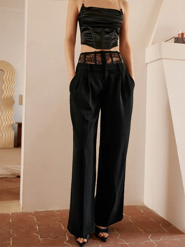 Lace Patchwork Pocket Straight Leg Pants