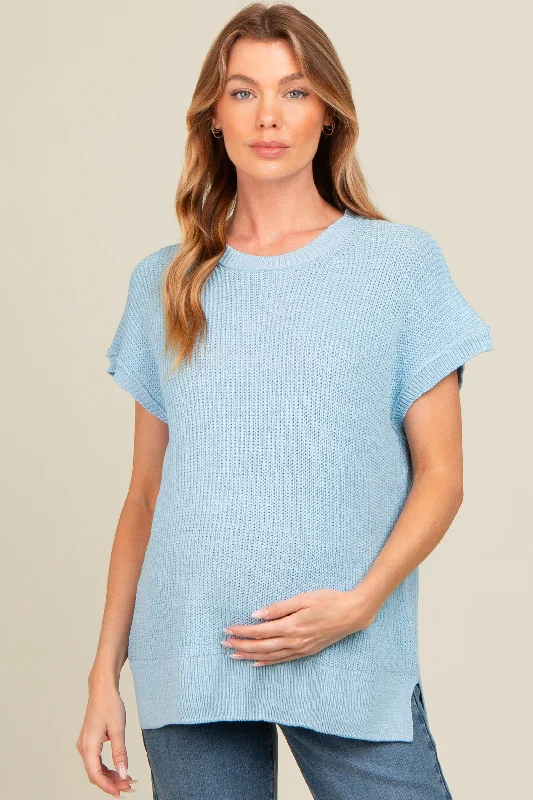 Light Blue Dolman Short Sleeve Side Slit Maternity Sweater Top