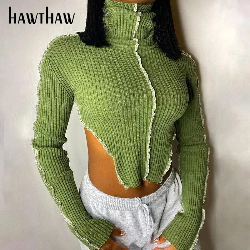 Long Sleeve Turtleneck Knitted Patchwork Tops