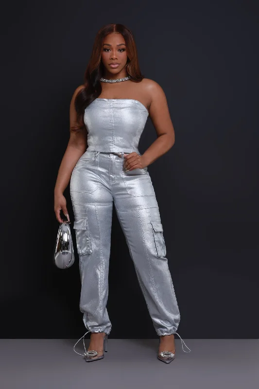 Lose Control Metallic Cargo Pants - Silver