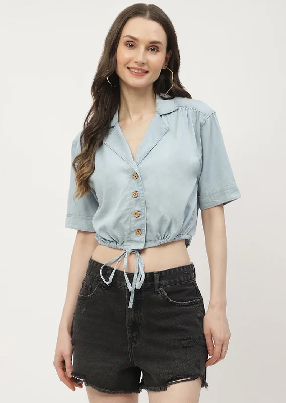 Madame Lapel Collar Blue Crop Shirt