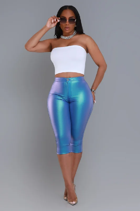 Make It Shimmer High Rise Metallic Capri Pants - Sky Blue