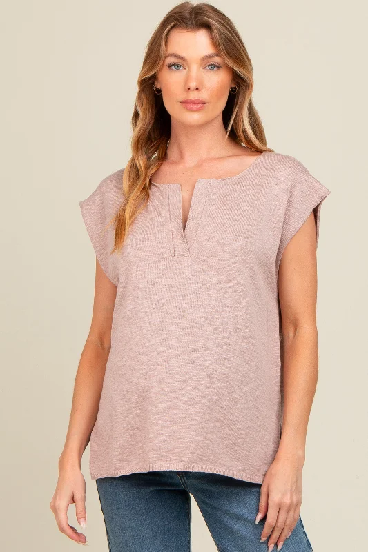 Mauve Two Tone Split V-Neck Dolman Short Sleeve Maternity Top