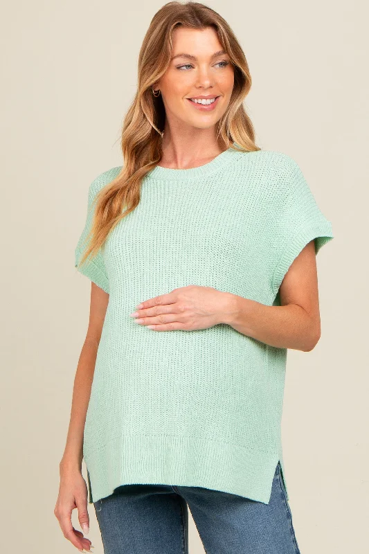 Mint Green Dolman Short Sleeve Side Slit Maternity Sweater Top