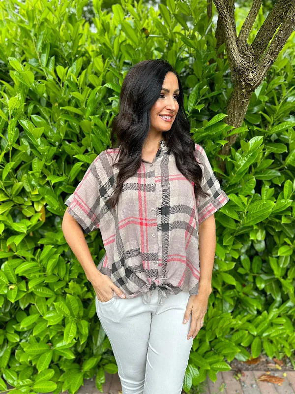 Mocha Checked Pattern Tie Front Blouse Hayley