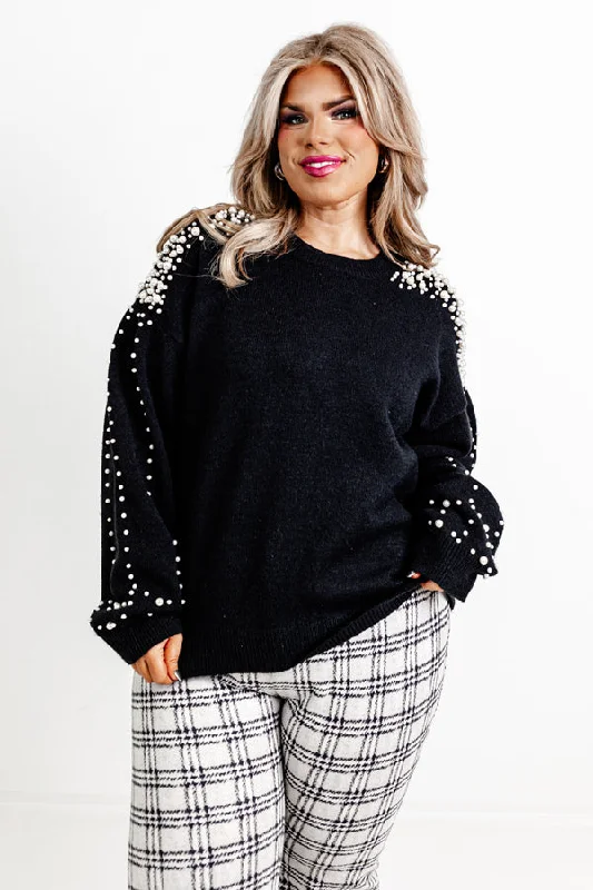 Modern Muse Pearl Embellished Sweater In Black Curves