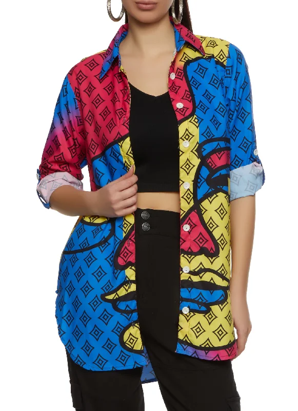 Color Block Face Print Button Front Tunic Shirt