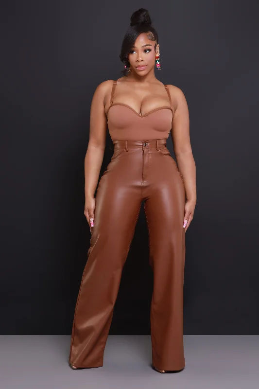 Offline Faux Leather Bootcut Pants - Caramel