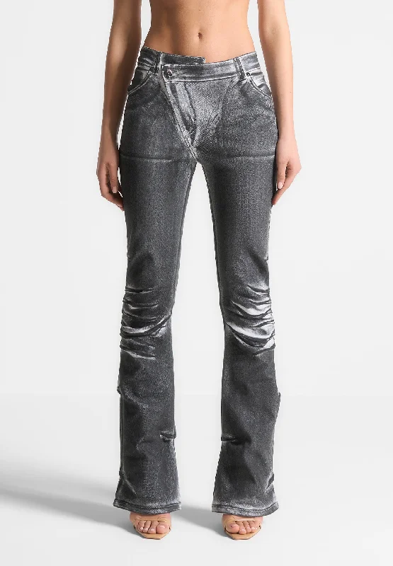 Oil Print Tacked Fit and Flare Jeans - White/Grey