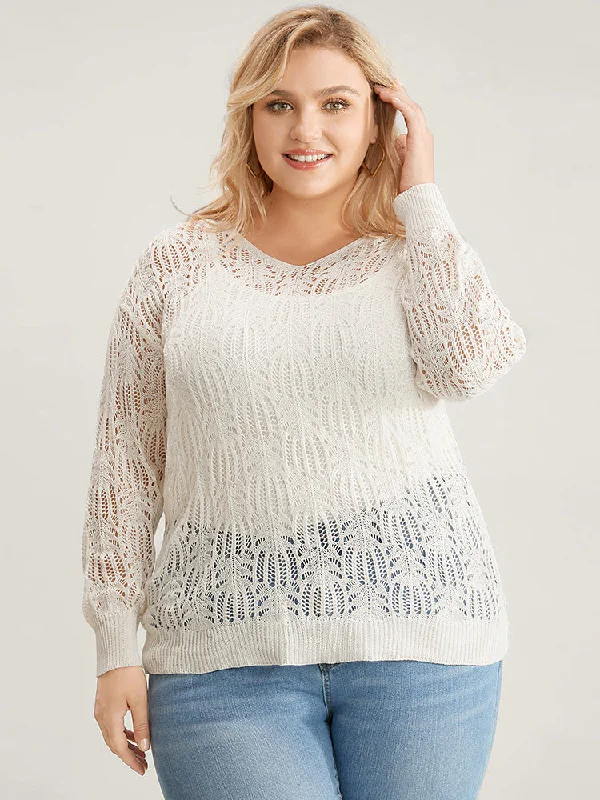 Plain Ice Rayon Yarn V Neck Geometric Eyelet Knit Top