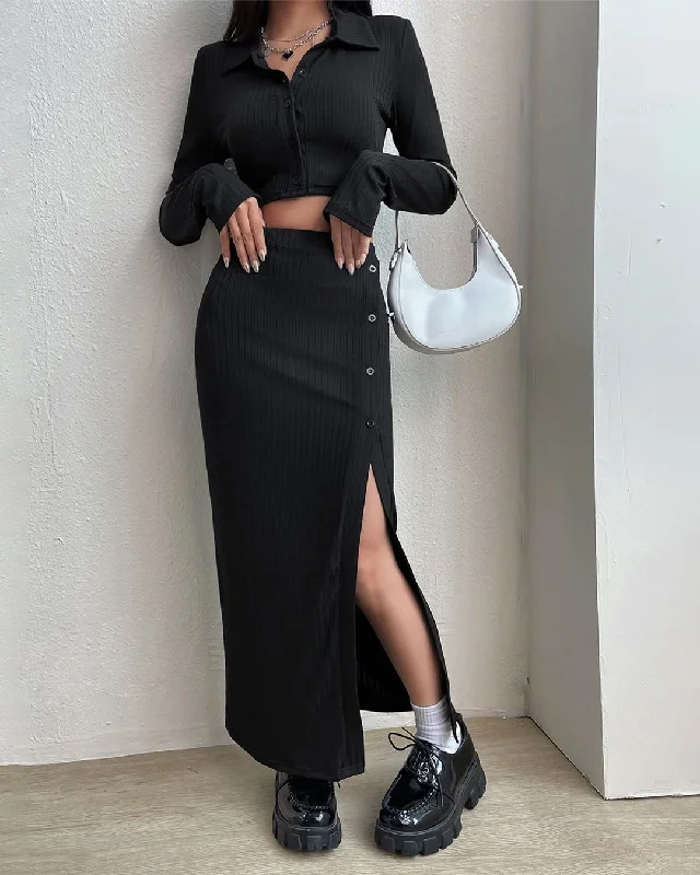 Ribbed Knit Button Front Crop Tee & Split Thigh Skirt In Black