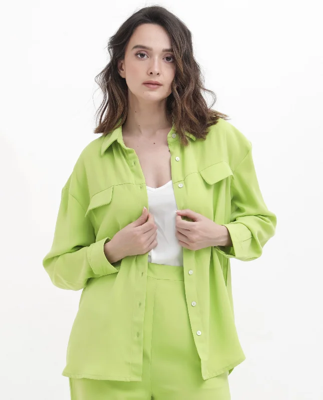 Rareism Women'S Sergey Green Polyester Fabric Full Sleeves Button Closure Collared Neck Cuffed Sleeve Regular Fit Plain Shirt