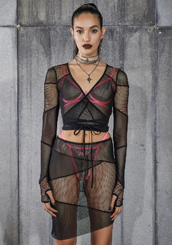 Snare Fishnet And Mesh Patchwork Wrap Top