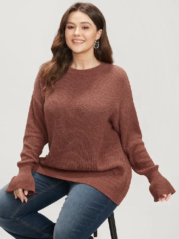 solid-pointelle-knit-round-neck-bell-sleeve-knit-top