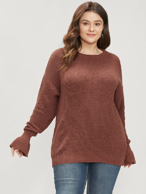 solid-pointelle-knit-round-neck-bell-sleeve-knit-top