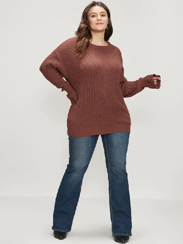 solid-pointelle-knit-round-neck-bell-sleeve-knit-top