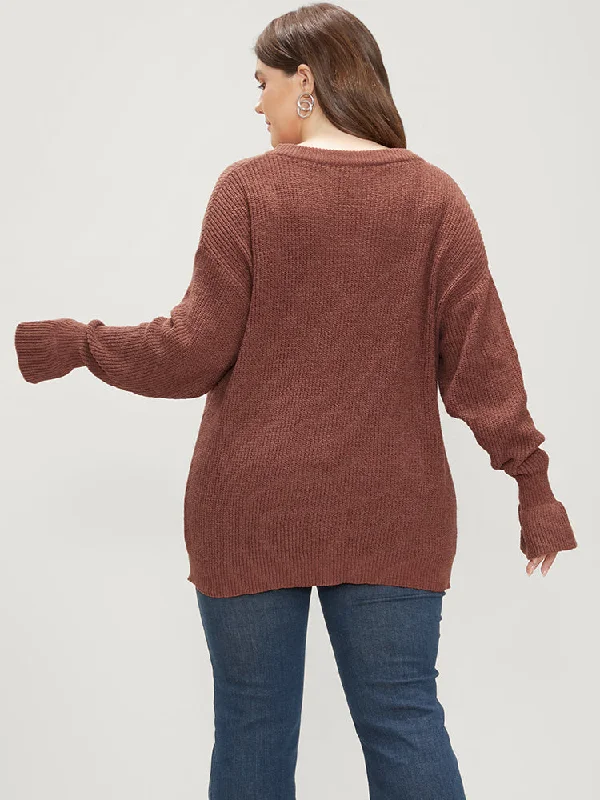 solid-pointelle-knit-round-neck-bell-sleeve-knit-top