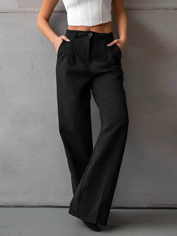 Solid Slant Pockets Flare Leg Long Pants