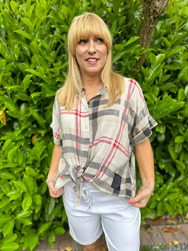 Stone Checked Pattern Tie Front Blouse Hayley