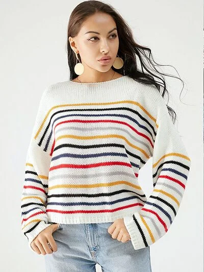 Striped Round Neck Dropped Shoulder Sweater