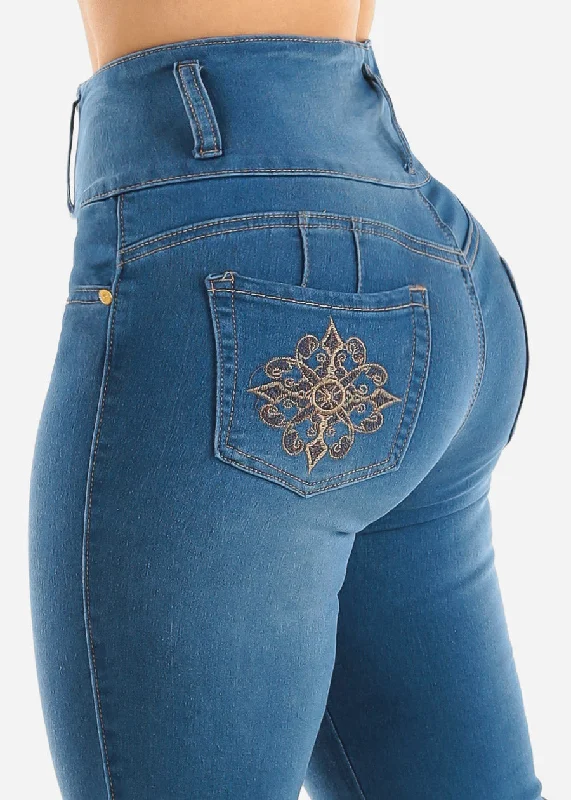 Super High Waisted Butt Lifting Skinny Jeans Med Blue