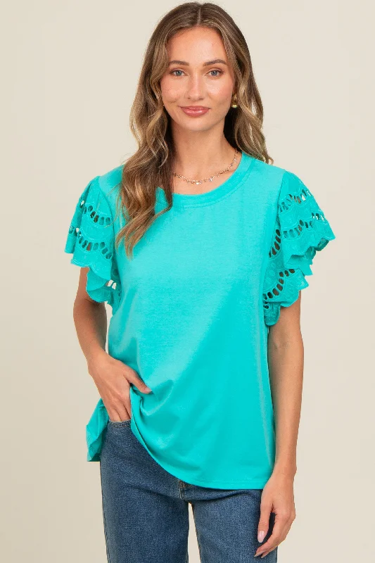 turquoise-eyelet-lace-short-sleeve-maternity-top