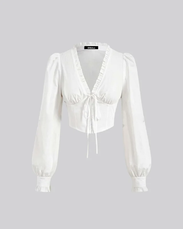 V-Neck Ruffle Long Sleeve Crop White Shirt