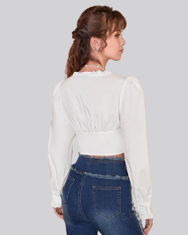 v-neck-ruffle-long-sleeve-crop-white-shirt