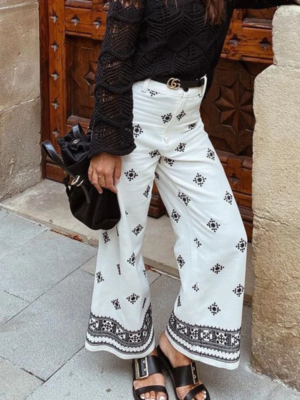 Vintage Print Straight Leg Pants Without Belt