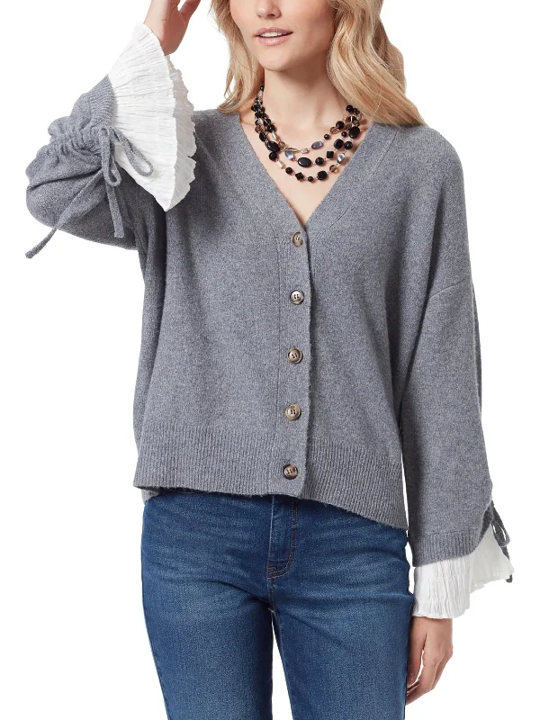 Womens V Neck Ruffled Sleeves Cardigan Sweater